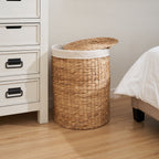 Round Tall Water Hyacinth Woven Wicker Laundry Hamper With Lid - For Clothes, Toys And Book Storage With Removable Liner - 15" X 15" X 20" - Natural Brown