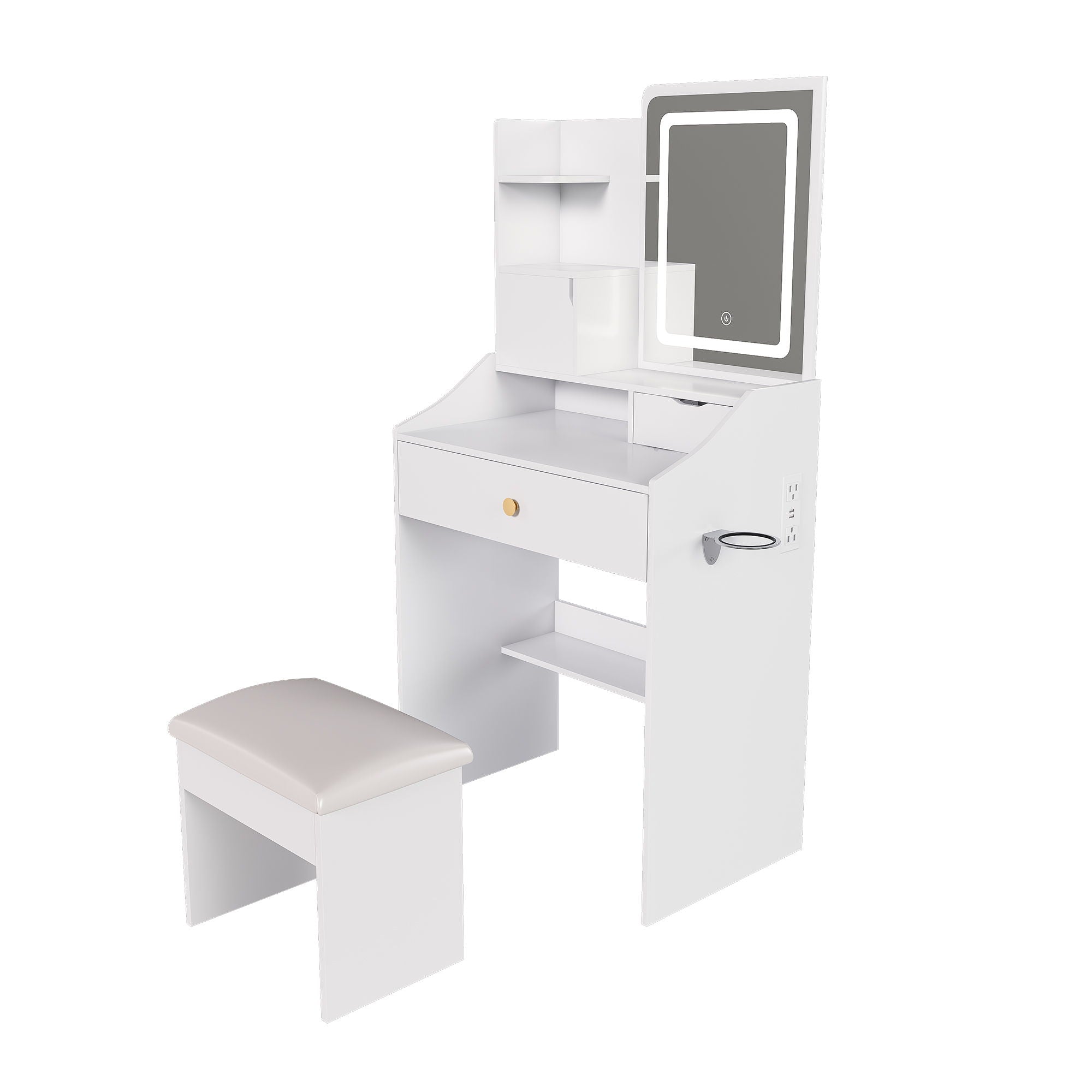 3 Color LED Vanity Mirror With Stool, Dressing Table For Bedroom, 2 Drawers & 5 Storage Cabinets (4 Open + 1 Hidden), Adjustable Lighting - White