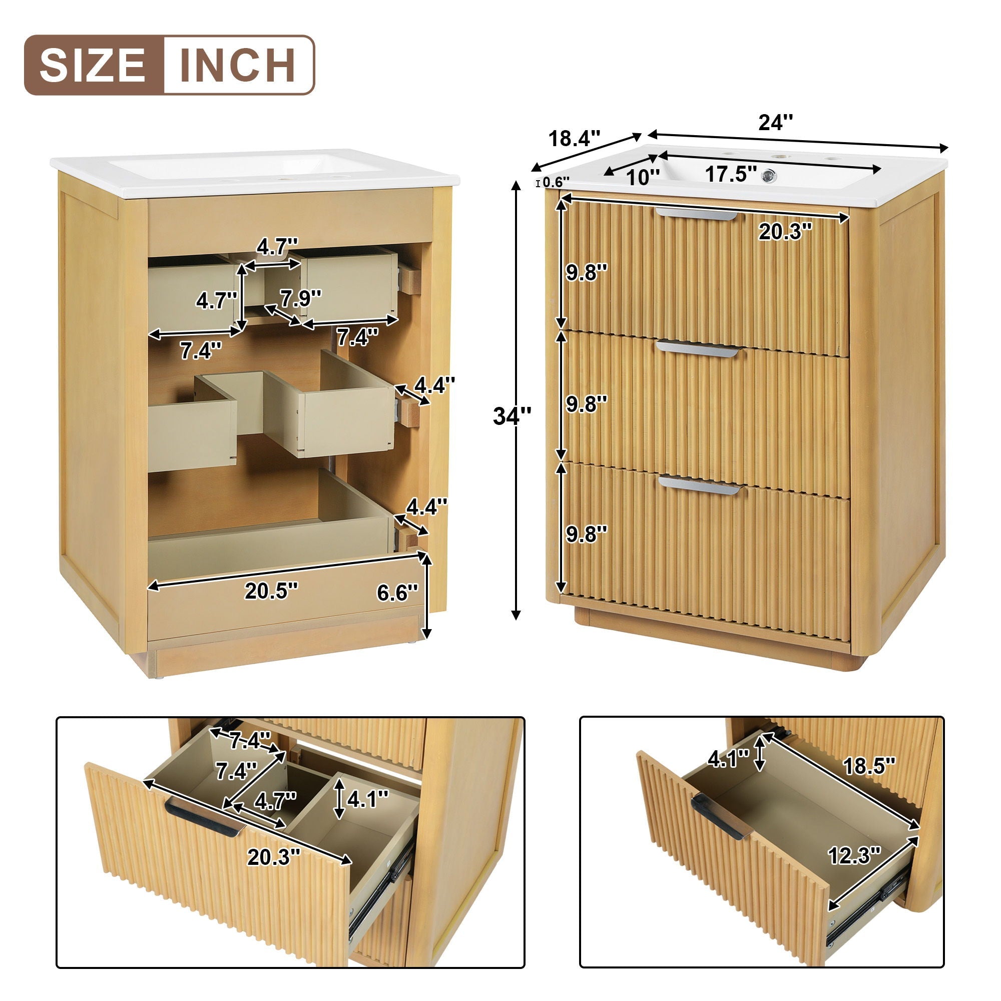 Bathroom Vanity With Sink, Open Shelf & Closed Storage - Natural Wood
