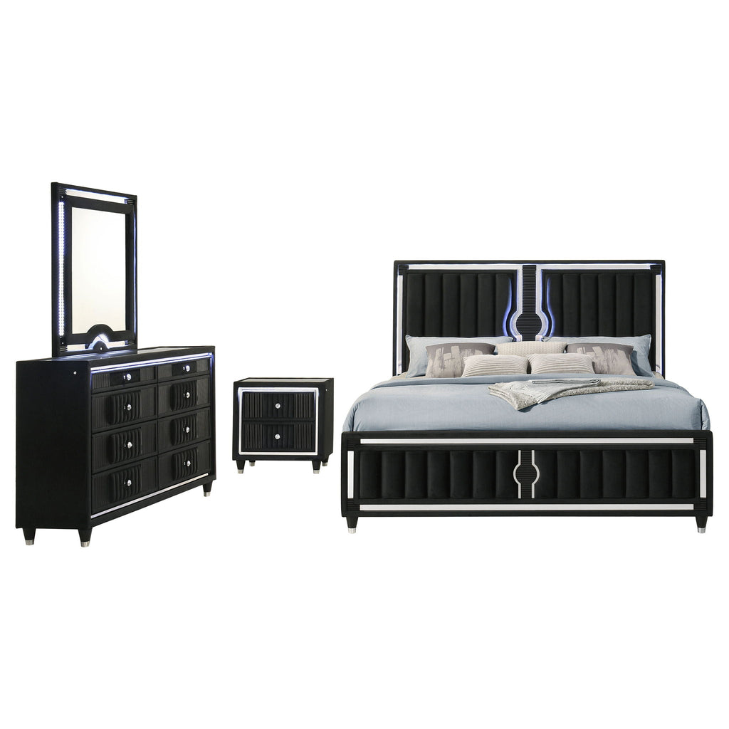 Ravenne 4-piece Velvet Upholstered California King LED Bedroom Set Black