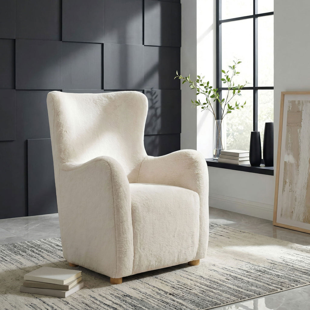 Thornton Faux Fur Upholstered Wingback Lounge Accent Chair Ivory