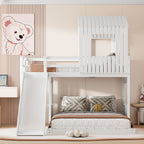 Loft Bunk Bed With Playhouse, Farmhouse, Ladder, Slide And Guardrails