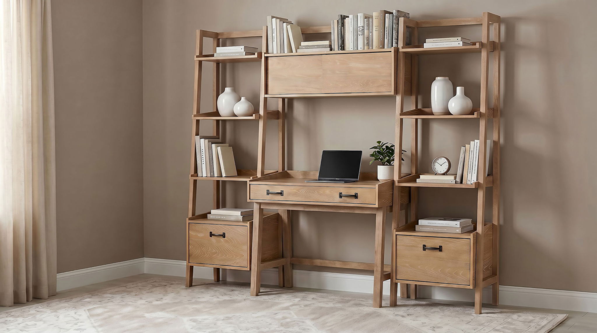 Fabian 4-piece Computer Desk and Bookshelf Set Distressed Light Brown