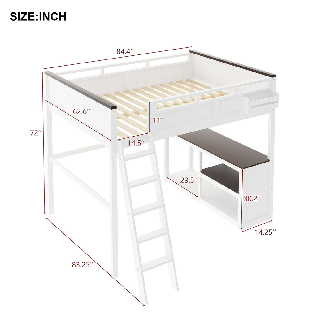 Queen Size Loft Bed With Desk, Open Shelf, Storage Box And USB Charging Station - White