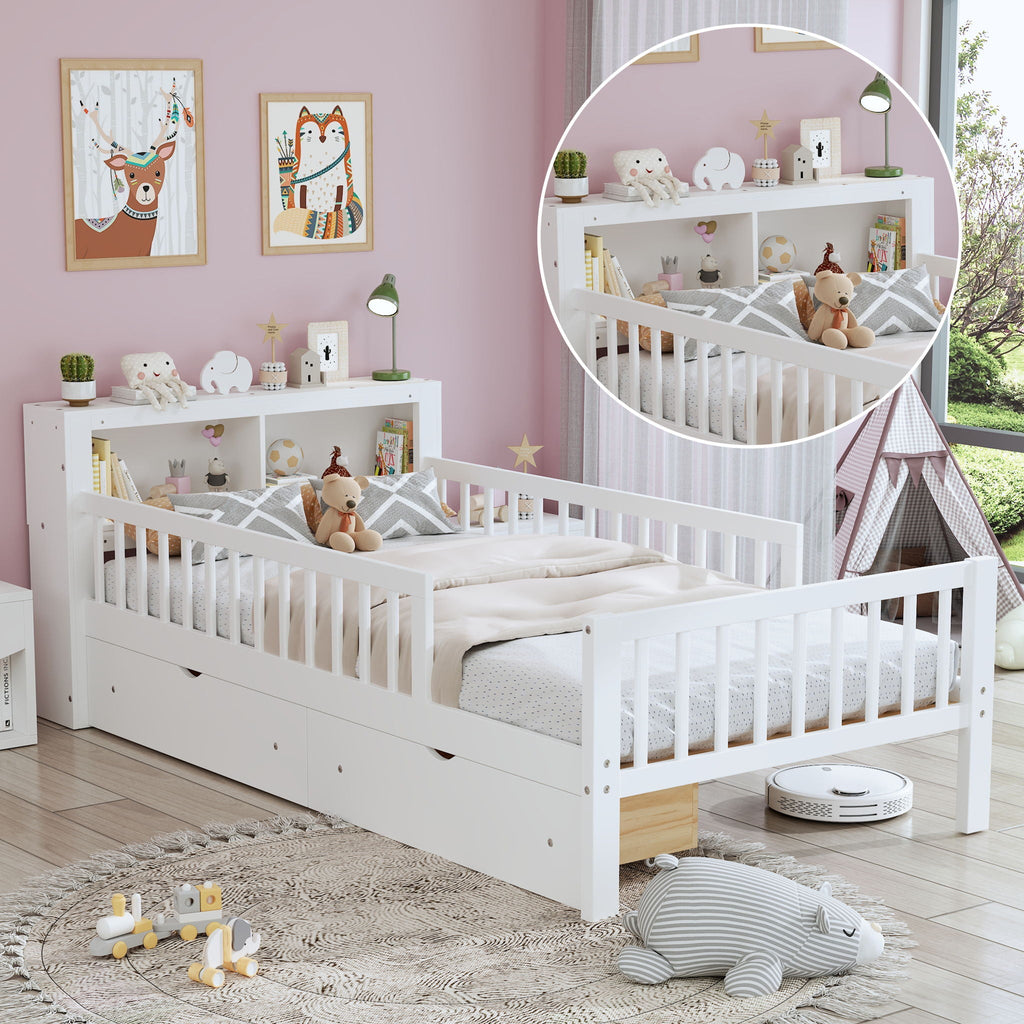Bed With Headboard Storage Rack, 2 Under Bed Drawers, 3 Side Guardrails For Safety