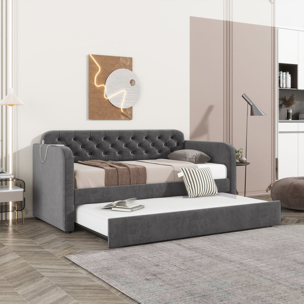 Upholstered Daybed With Trundle And USB Charging Design