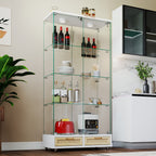 Glass Display Cabinet With LED Lights, Tempered Glass Doors, Large Drawers, 2 Door Storage Case With 4 Shelves - Natural / White