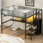 Full Size Loft Bed With Desk, Storage Staircase, Small Wardrobe And LED Light - Black