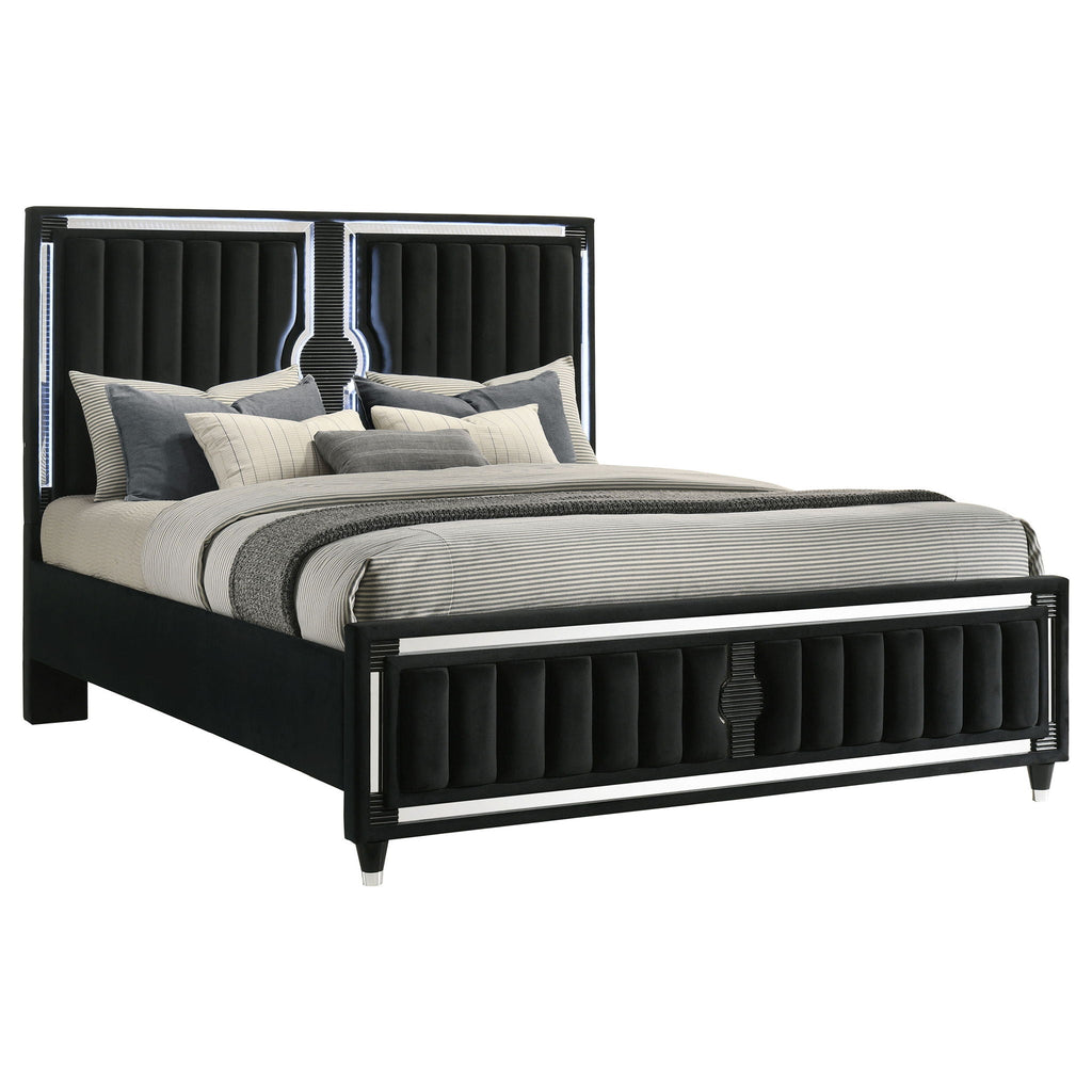 Ravenne Velvet Upholstered California King LED Panel Bed Black
