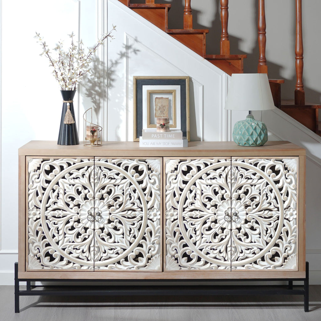 Carved 4 Door Cabinet, Storage Sideboard For Living Room - Multi