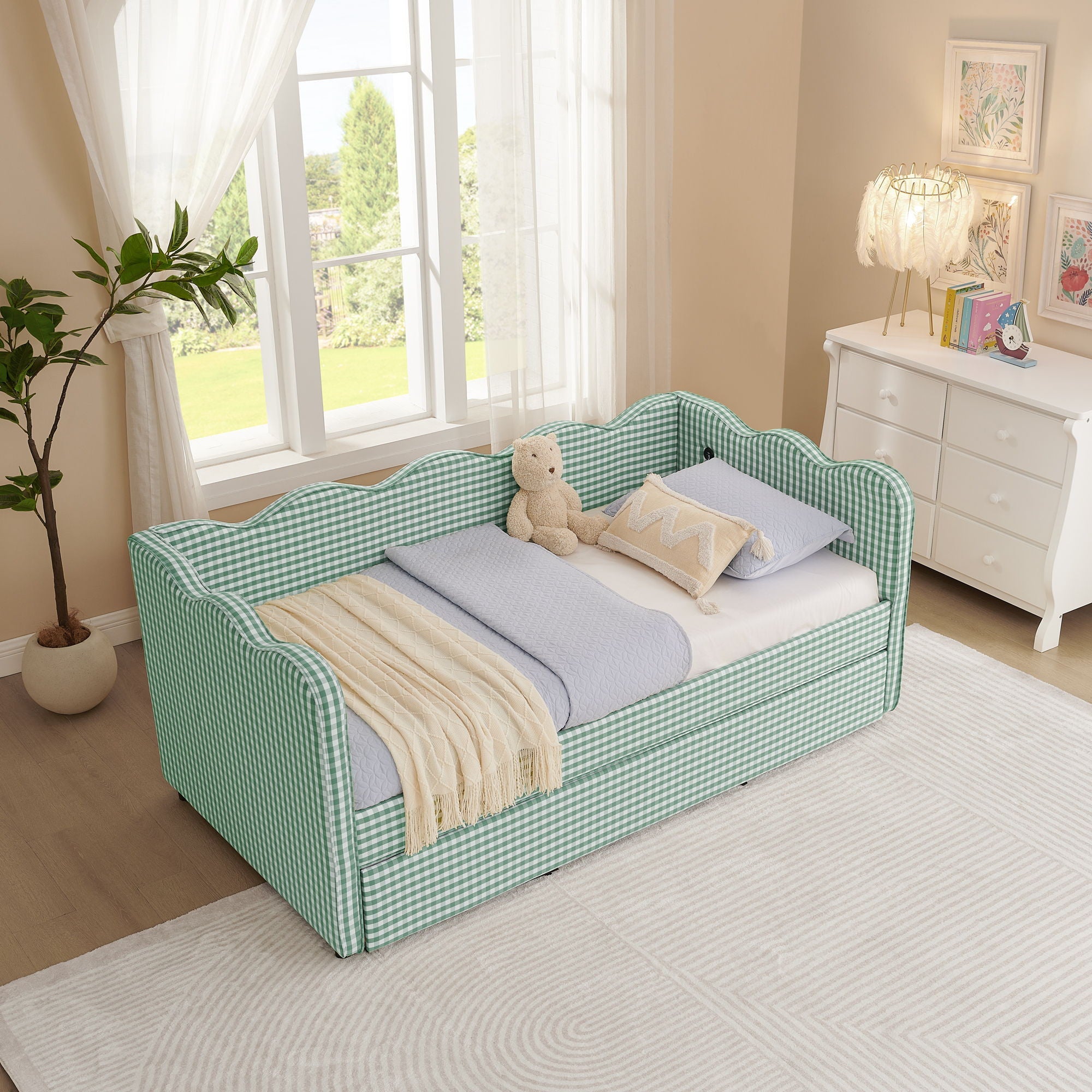 Gingham Daybed With USB Charging Port, Wave Shaped Design