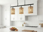 Elysian - 3 Lights Island With Natural Shade Farmhouse Chain Ceiling Lamp - Black / Rattan