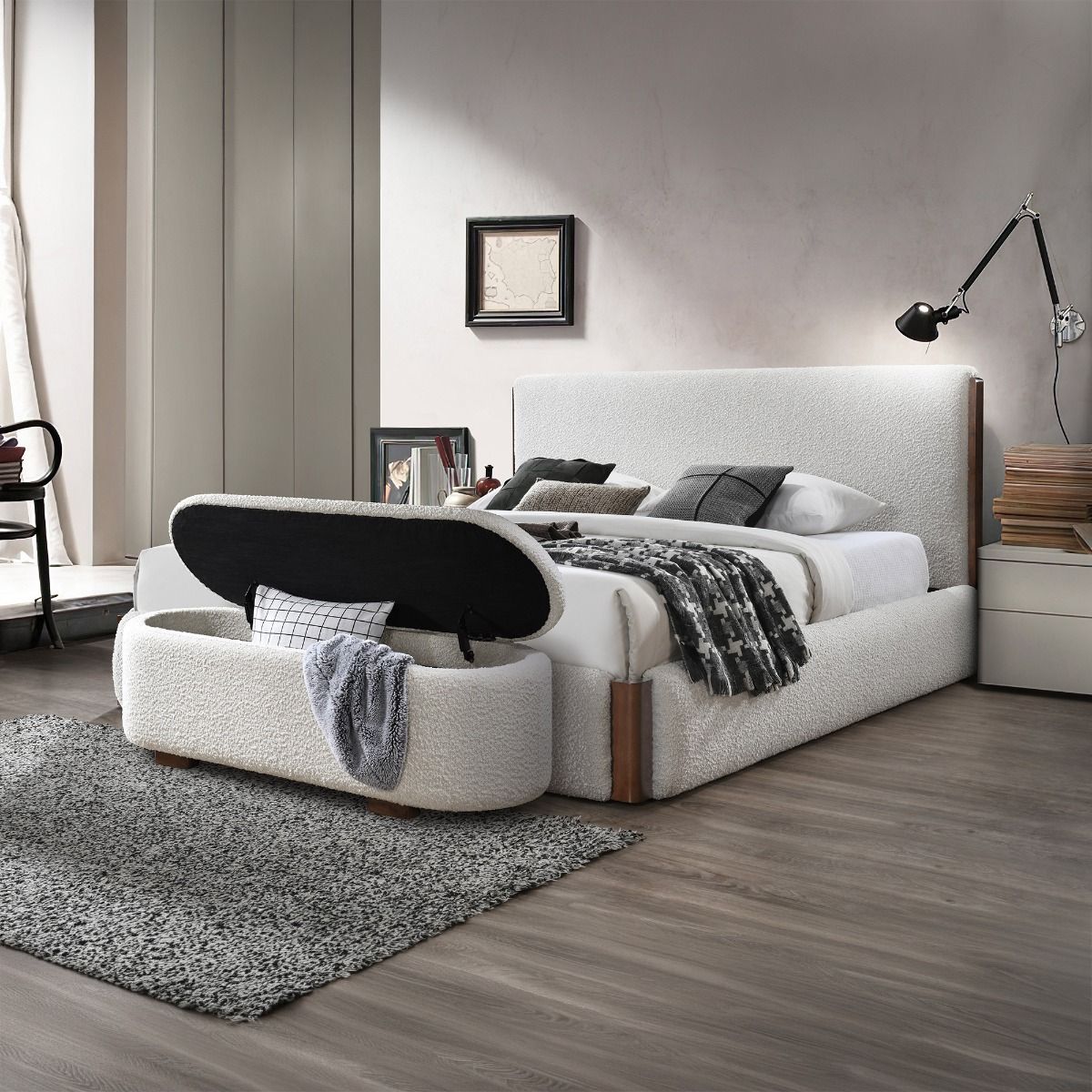 Sandro - Bench With Storage - Beige Boucle & Walnut