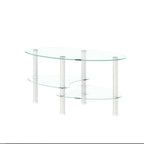 Transparent Oval Glass Coffee Table, Modern Table In Living Room Oak Wood Leg Tea Table 3-Layer Glass Table