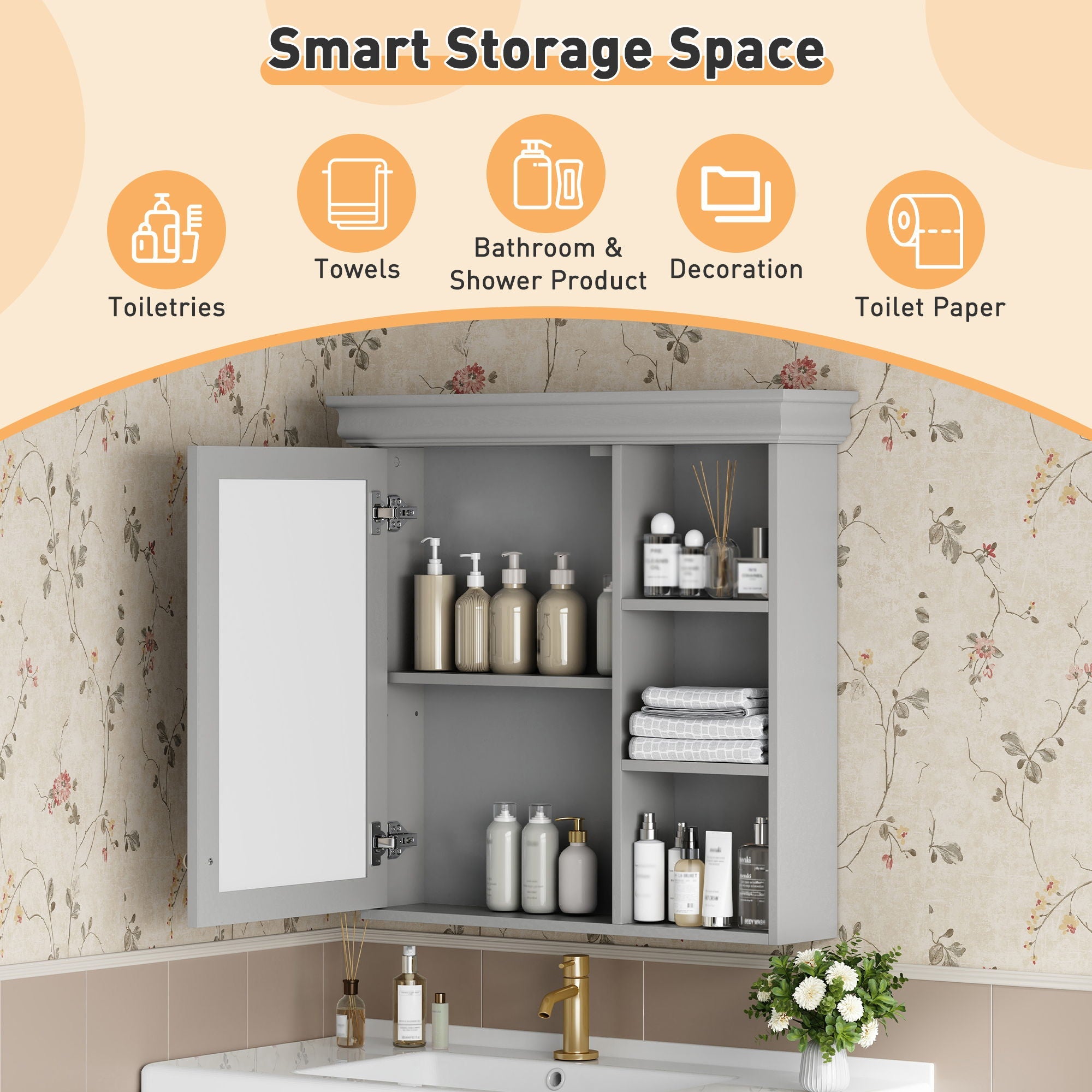 Wall Mounted Bathroom Medicine Cabinet With Mirror And Adjustable Storage With Soft Close Hinges