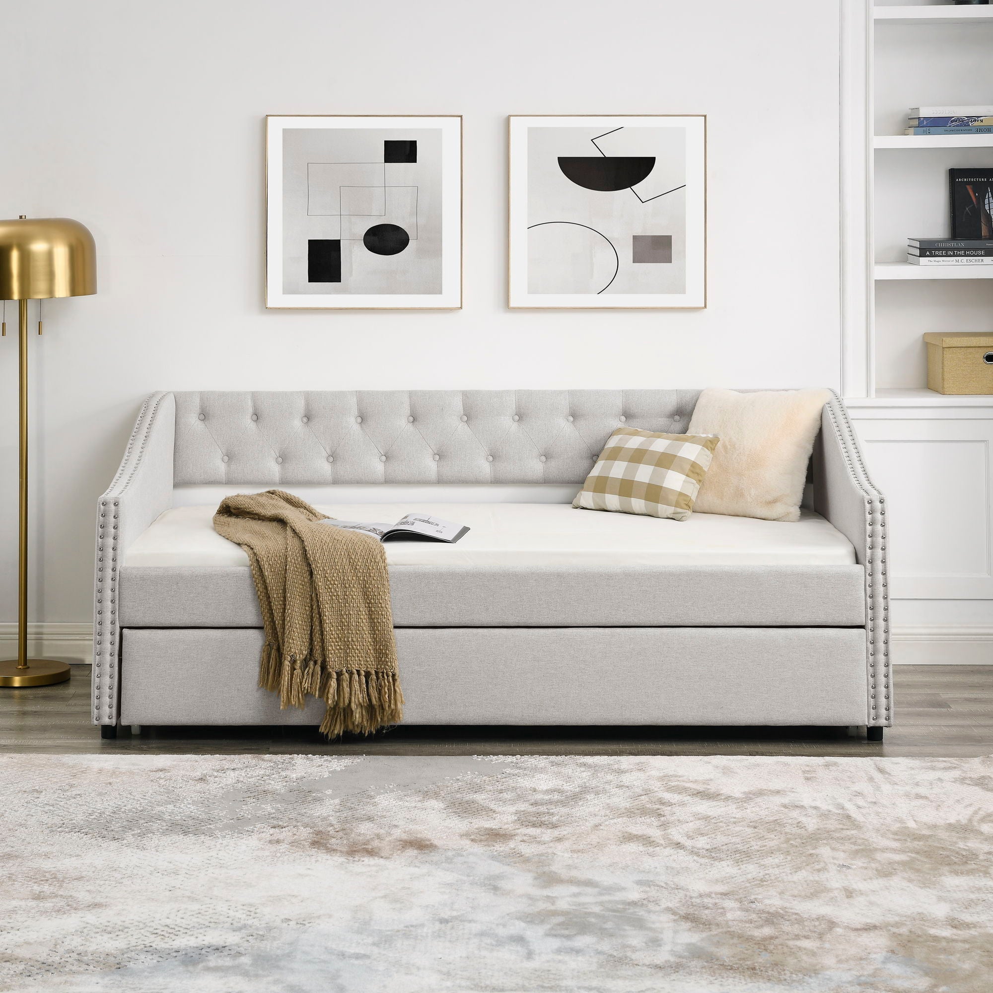 Upholstered Tufted Daybed With Drawers, Waved Arms