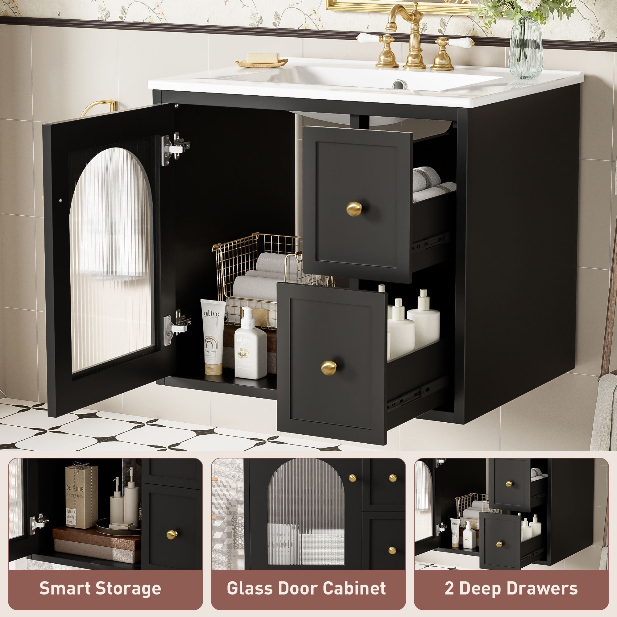 Wall-Mounted Bathroom Vanity Set With Sink, 2 Drawers And Soft-Close Door