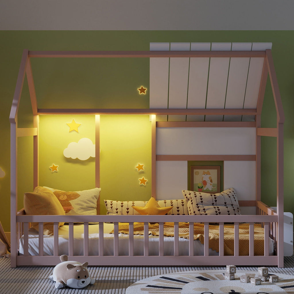 House Floor Bed With 7 Color LED Light, Built In Bookshelf