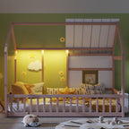 House Floor Bed With 7 Color LED Light, Built In Bookshelf
