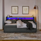 Upholstered Sofa Bed With LED Lights, Storage Headboard, Foldable Trundle & Wireless Charging