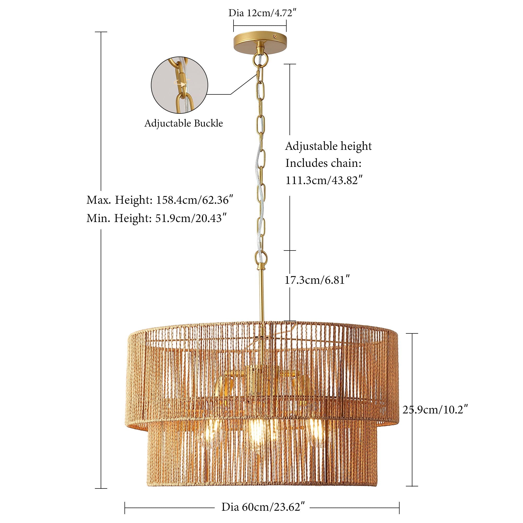 Chandelier, 2 Tier Boho Wabi Sabi Pendant Light, Hanging Ceiling Lamp - Gold