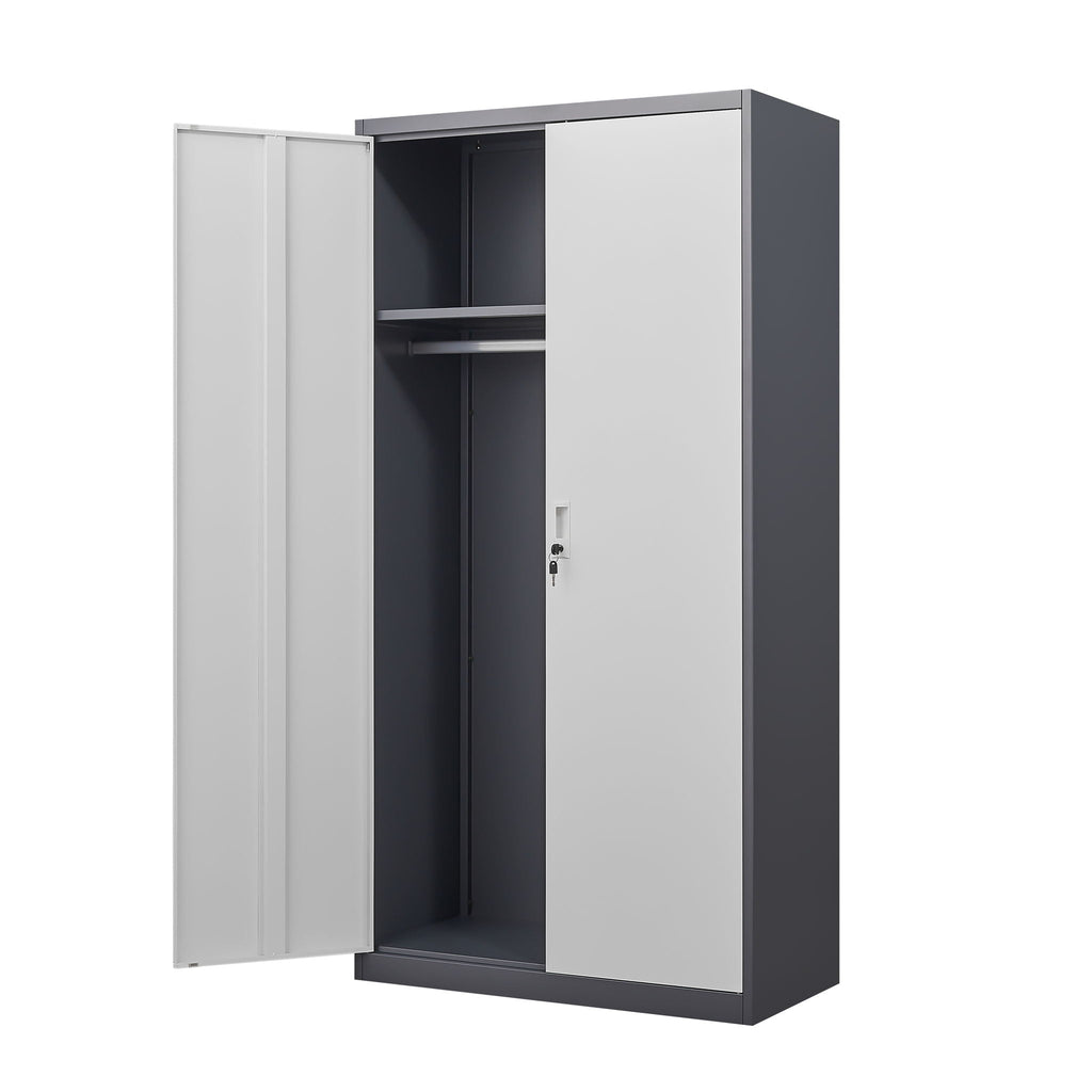 Wardrobe With Hanging Rod And Compartments, Lockable Closet With Locks & Keys For Bedroom - Gray