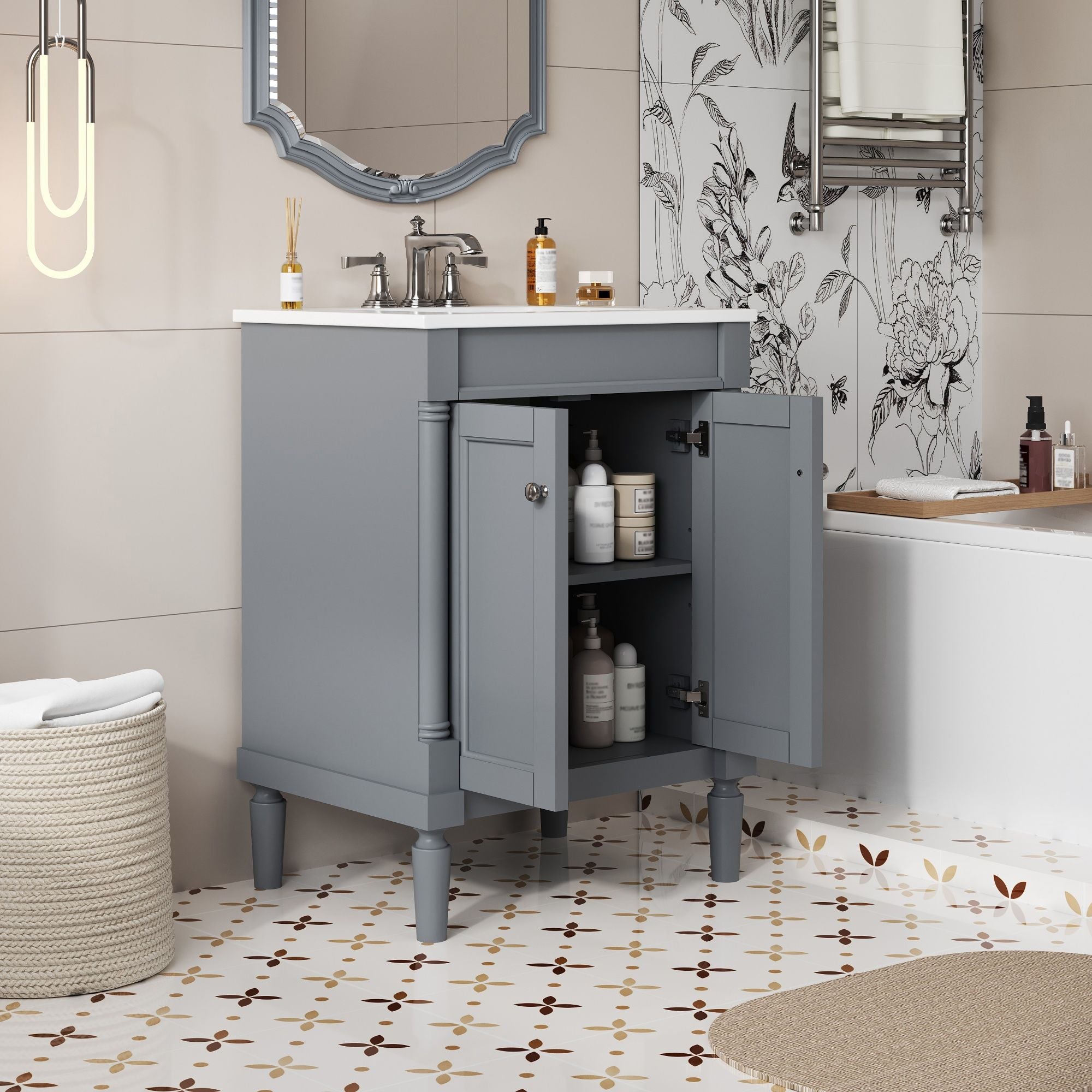 Bathroom Vanity With Top Sink, 2 Tier Storage Cabinet