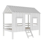 Twin Size Low Loft House Bed With Roof And 2 Front Windows - White