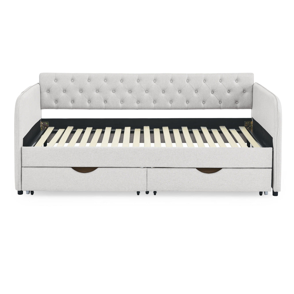 Daybed With Trundle And Storage Drawers, Flat Arms With Pocket
