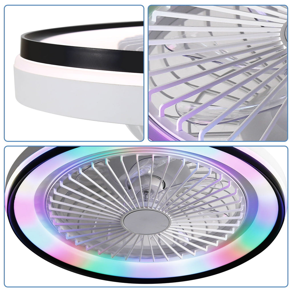 RGB Dimmable LED Enclosed Ceiling Fan With Light Flush Mount Bladeless, 6 Speed, Remote Control - White