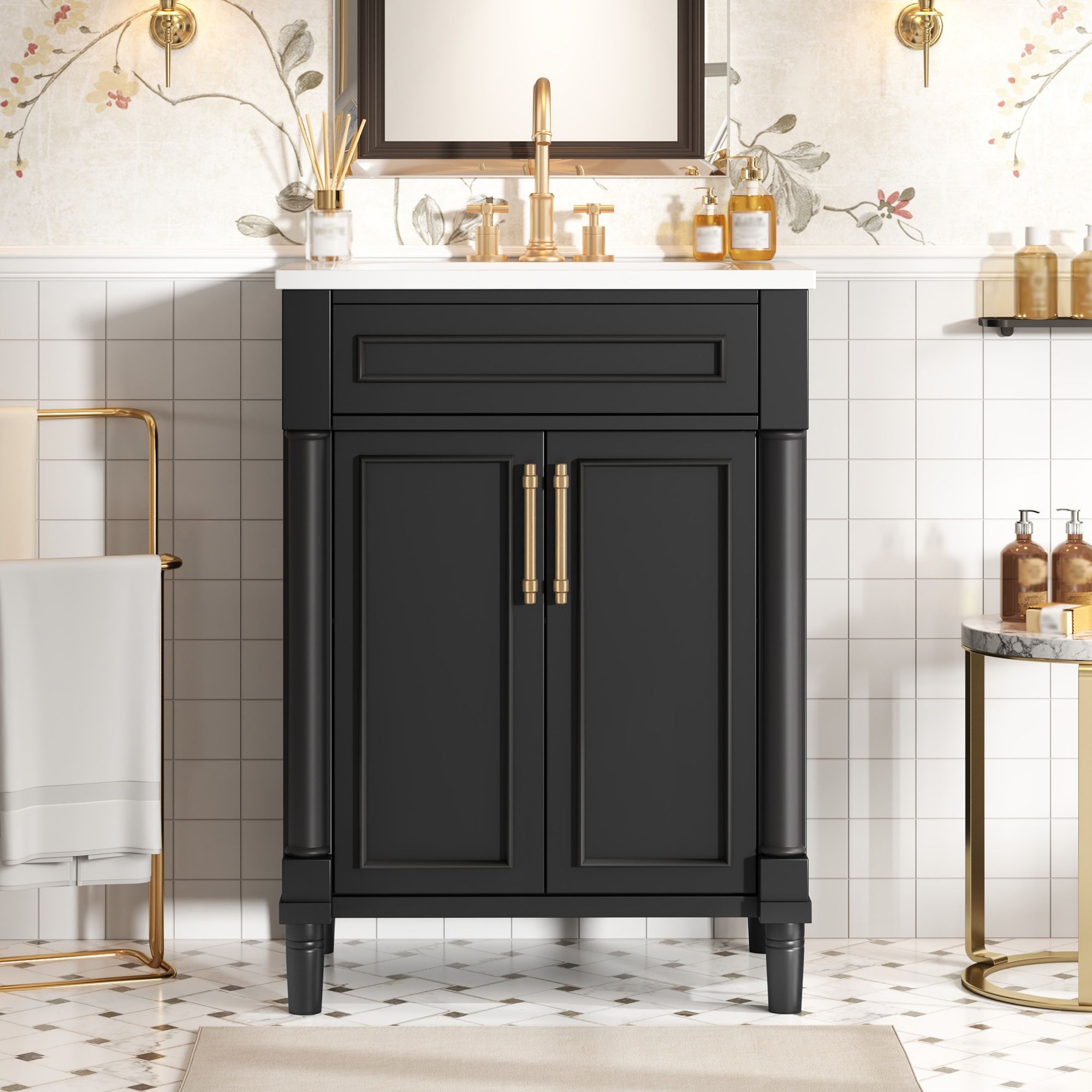 Bathroom Vanity With Integrated Sink, 2 Door Cabinet, Single Sink For Small To Medium Bathrooms
