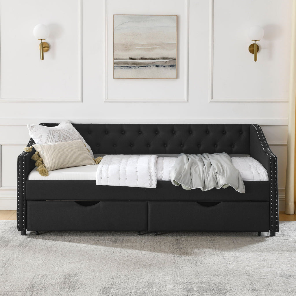 Upholstered Tufted Daybed With 2 Drawers, Waved Arms