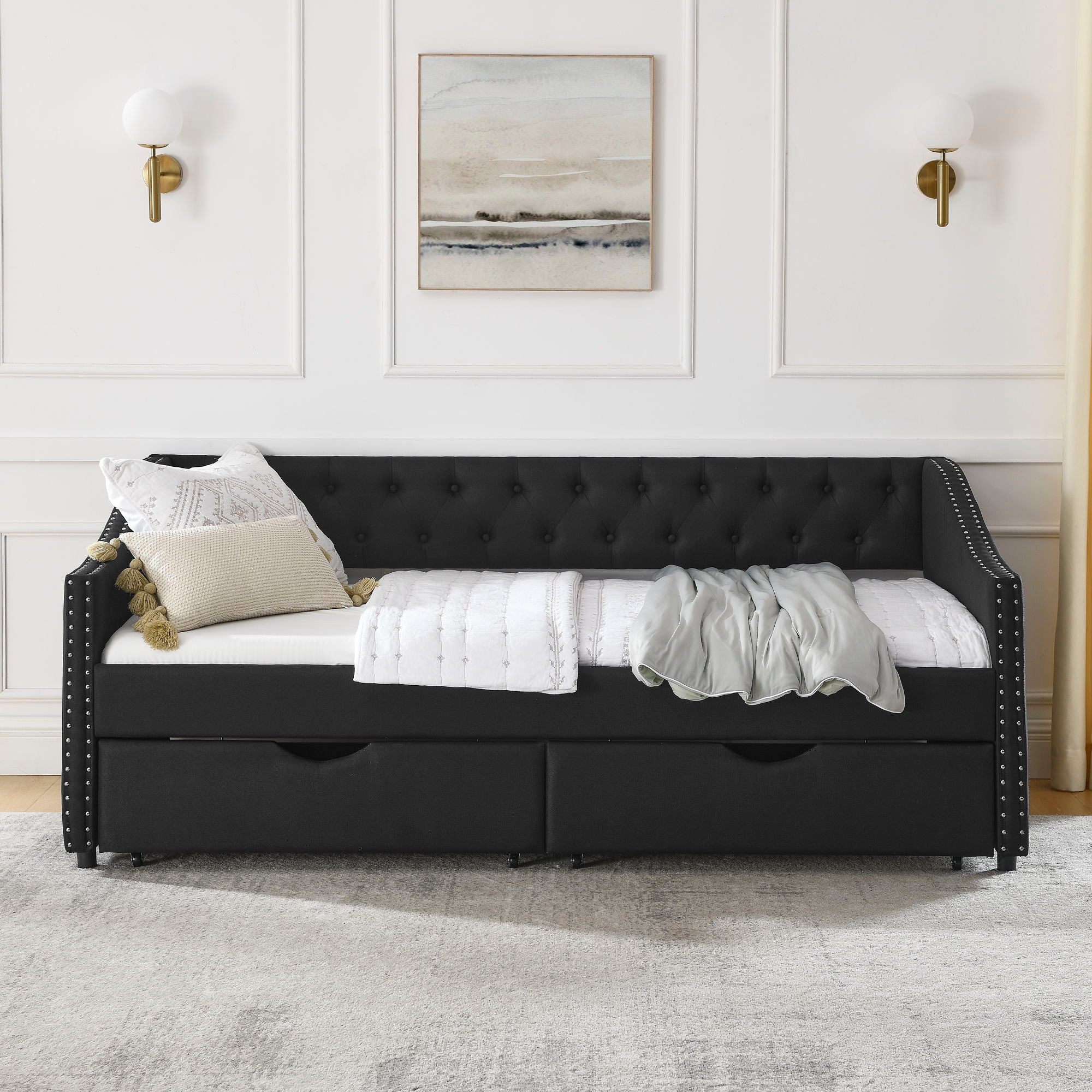 Upholstered Tufted Daybed With 2 Drawers, Waved Arms