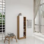 Tall Freestanding Bathroom Side Cabinet With Single Door & 4 Tier Open Shelves - Black / Light Oak / White