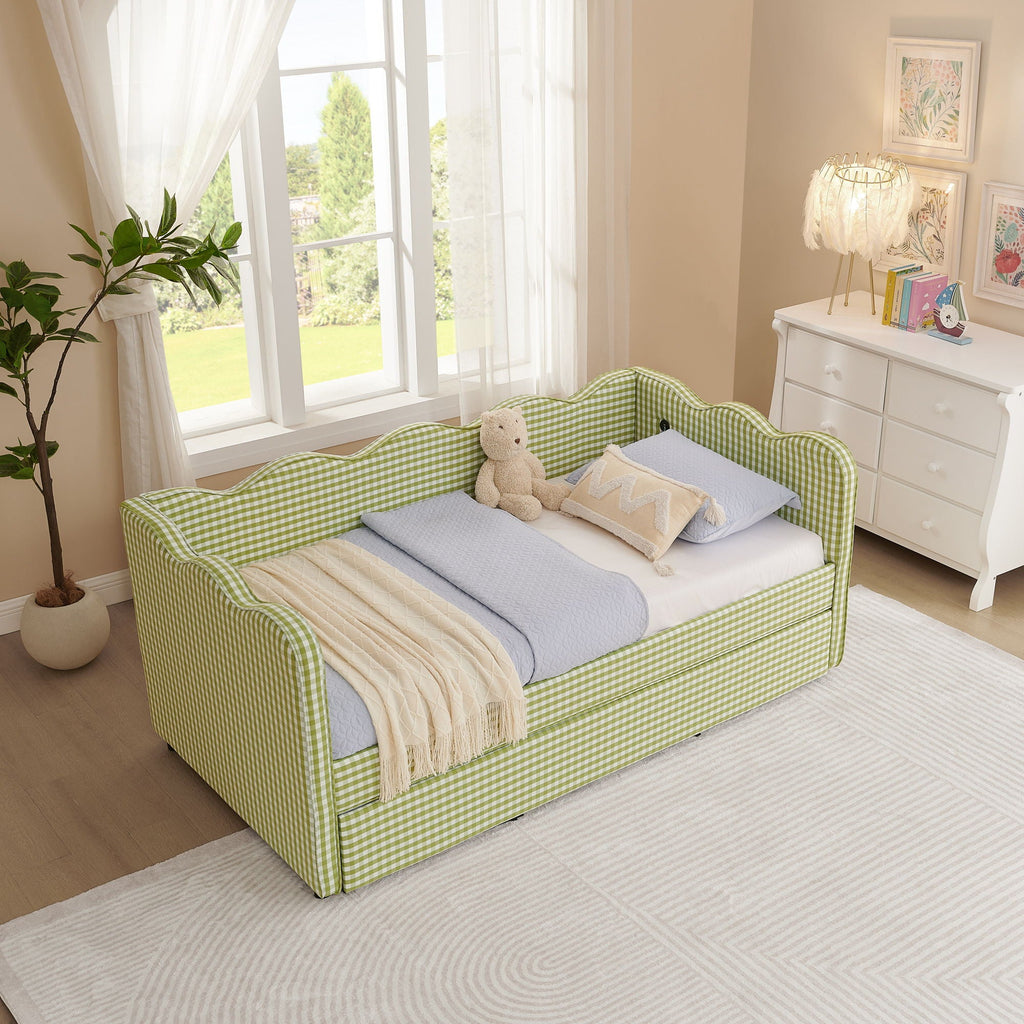 Gingham Daybed With USB Charging Port, Wave-Shaped Design