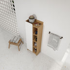Tall Freestanding Bathroom Side Cabinet With Single Door & 4 Tier Open Shelves - Black / Light Oak / White