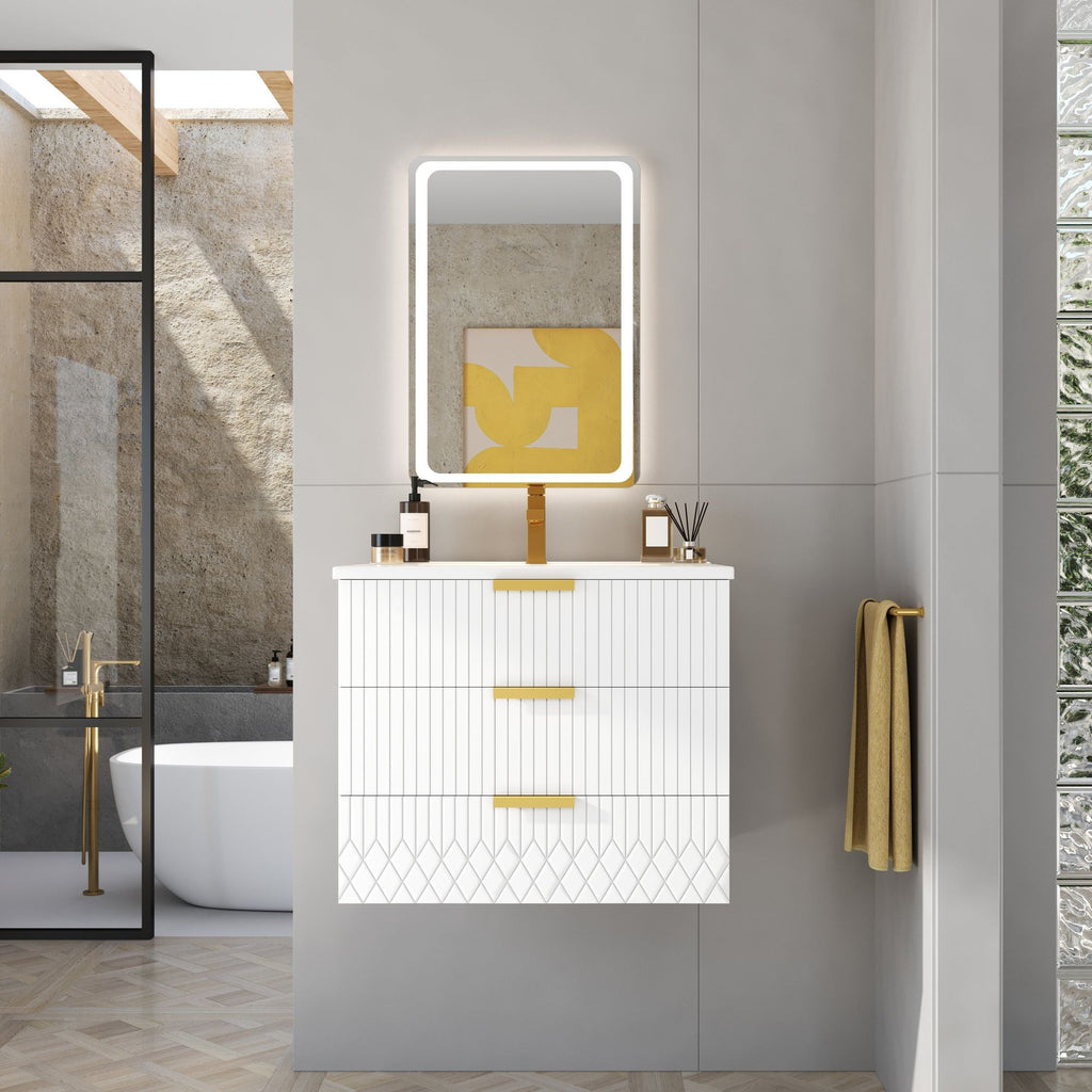 Wall Mounted Floating Cabinet With Double Drawer, Rectangular Sink