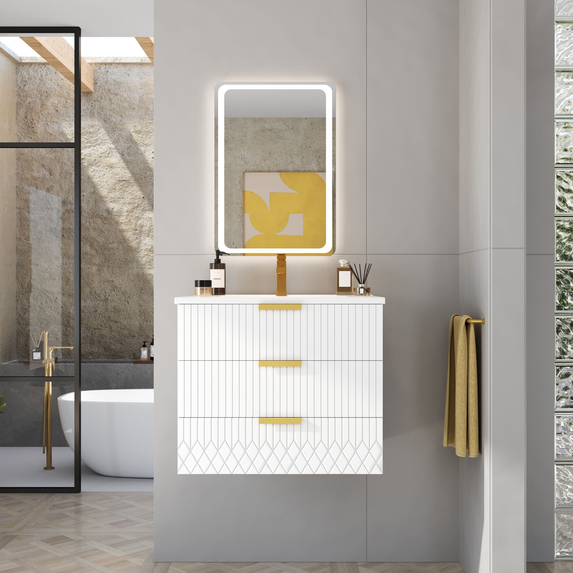 Wall Mounted Floating Cabinet With Double Drawer, Rectangular Sink