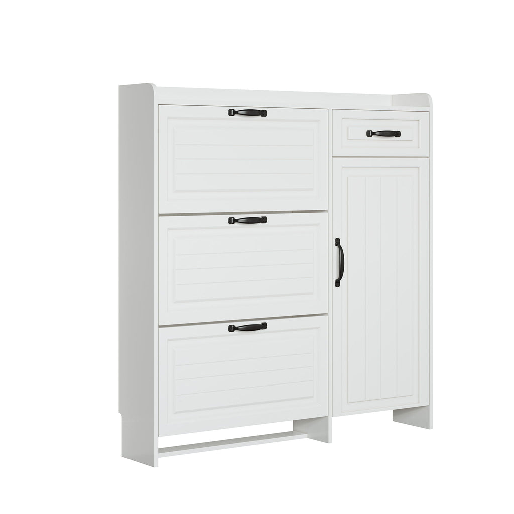 Shoe Cabinet With 4 Doors 1 Drawers, PVC Door With Shape, Large Space For Storage - White