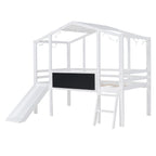 Loft House Bed With Ladder And Slide, With board And Light Strip On The Roof