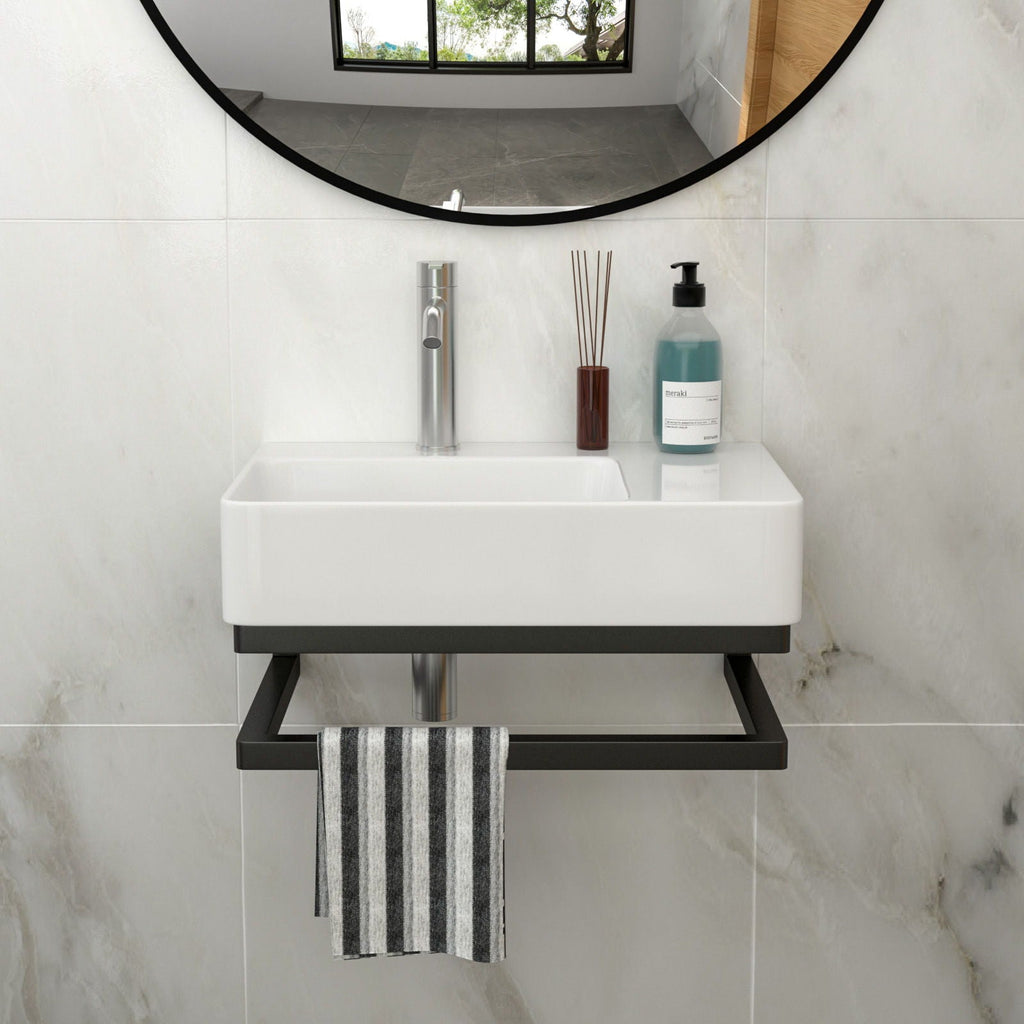 Wall Mounted Rectangular Bathroom Sink With Towel Bar And Faucet Hole - White