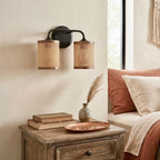 Quell - Double Light Vanity With Natural Shade Wall Lamp - Black / Rattan