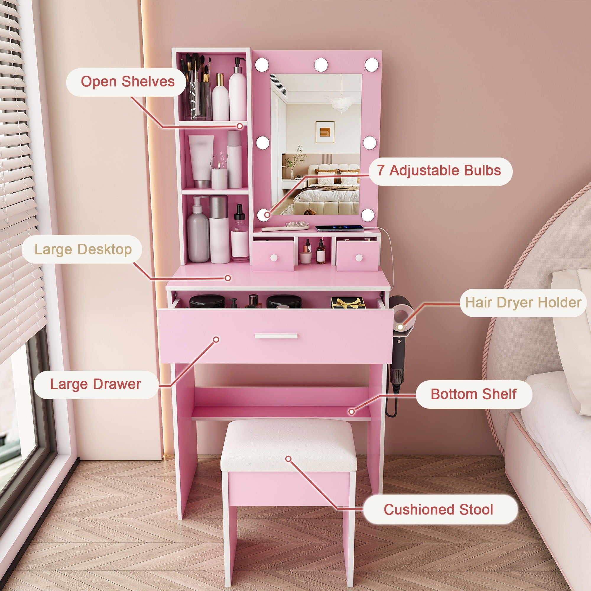 Vanity Table With Mirror, Adjustable LED Lights, Power Outlet, Hairdryer Holder & Stool