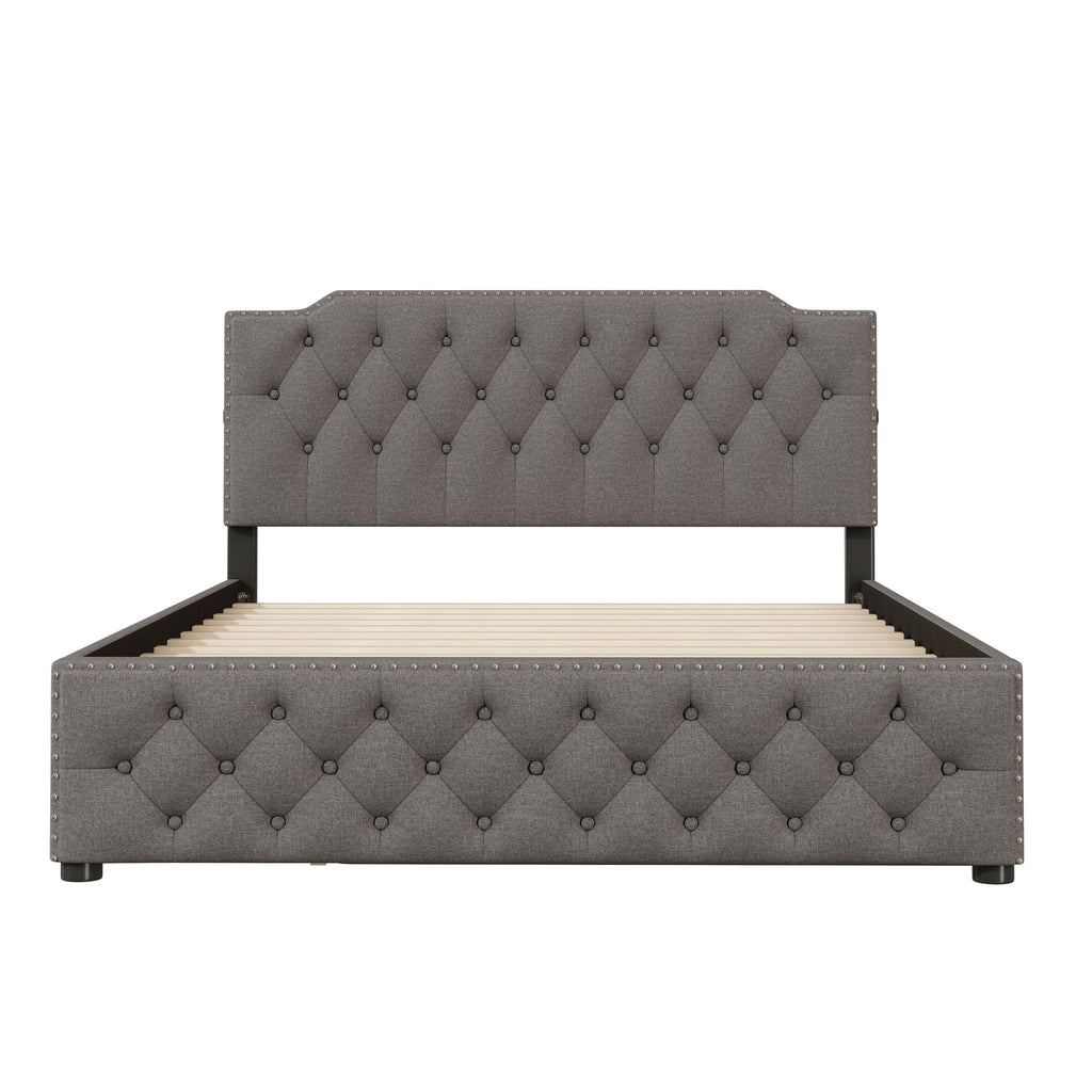 Upholstered Platform Bed With Trundle And 2 Sets Of USB Ports On Each Side, Fabric