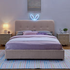 Upholstered Bed With Oversized Rabbit Ear Headboard, LED Lights & 4 Storage Drawers