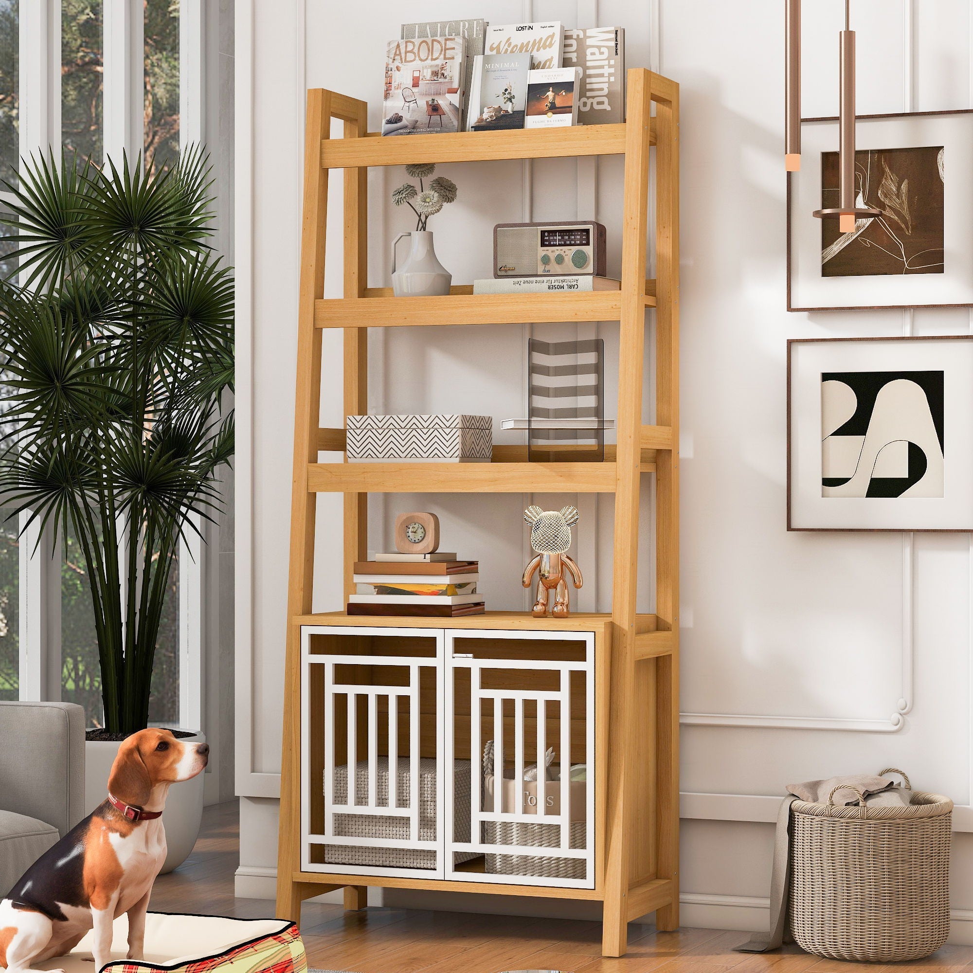 Modern Furniture Style 2 In 1 Pet Friendly Dog Crate Ladder Bookcase - Ancient Oak