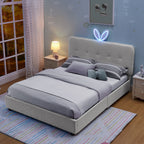 Upholstered Bed With Oversized Rabbit Ear Headboard, LED Lights & 4 Storage Drawers