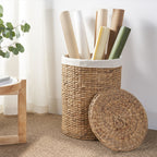 Round Tall Water Hyacinth Woven Wicker Laundry Hamper With Lid - For Clothes, Toys And Book Storage With Removable Liner - 15" X 15" X 20" - Natural Brown