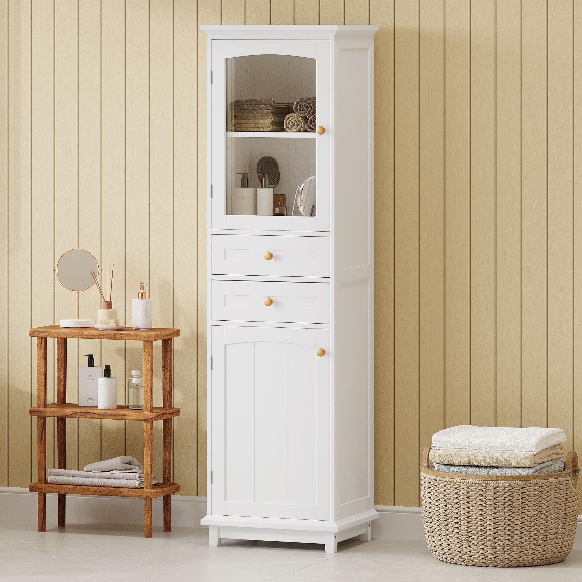 Tall Bathroom Storage Cabinet With Glass Doors, Free-Standing, Two Drawers, And Adjustable Shelves, Board, Painted Perfect For Displaying Your Favorite Items