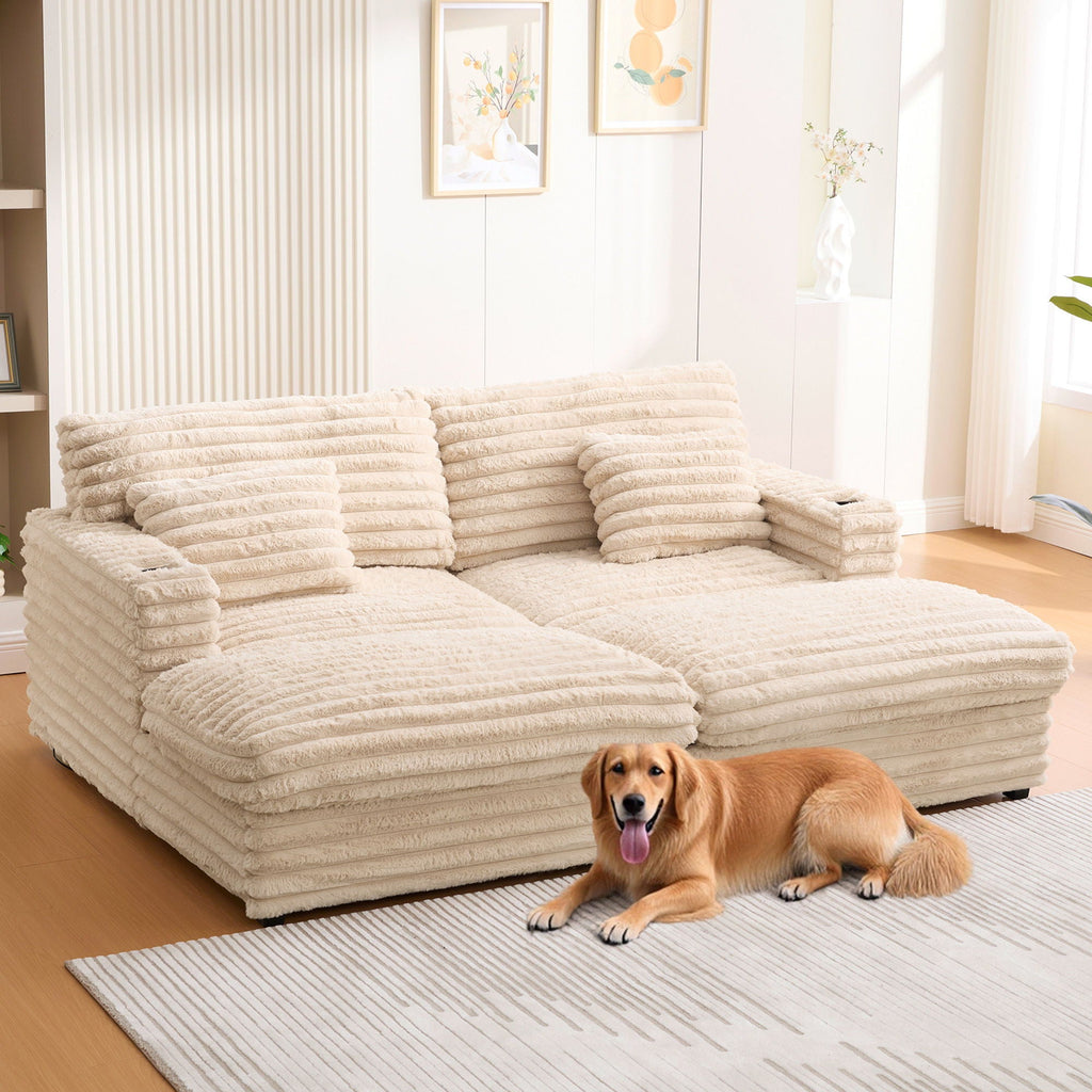 Oversized Double Chaise Lounge Sofa Bed With USB Ports And Cup Holders